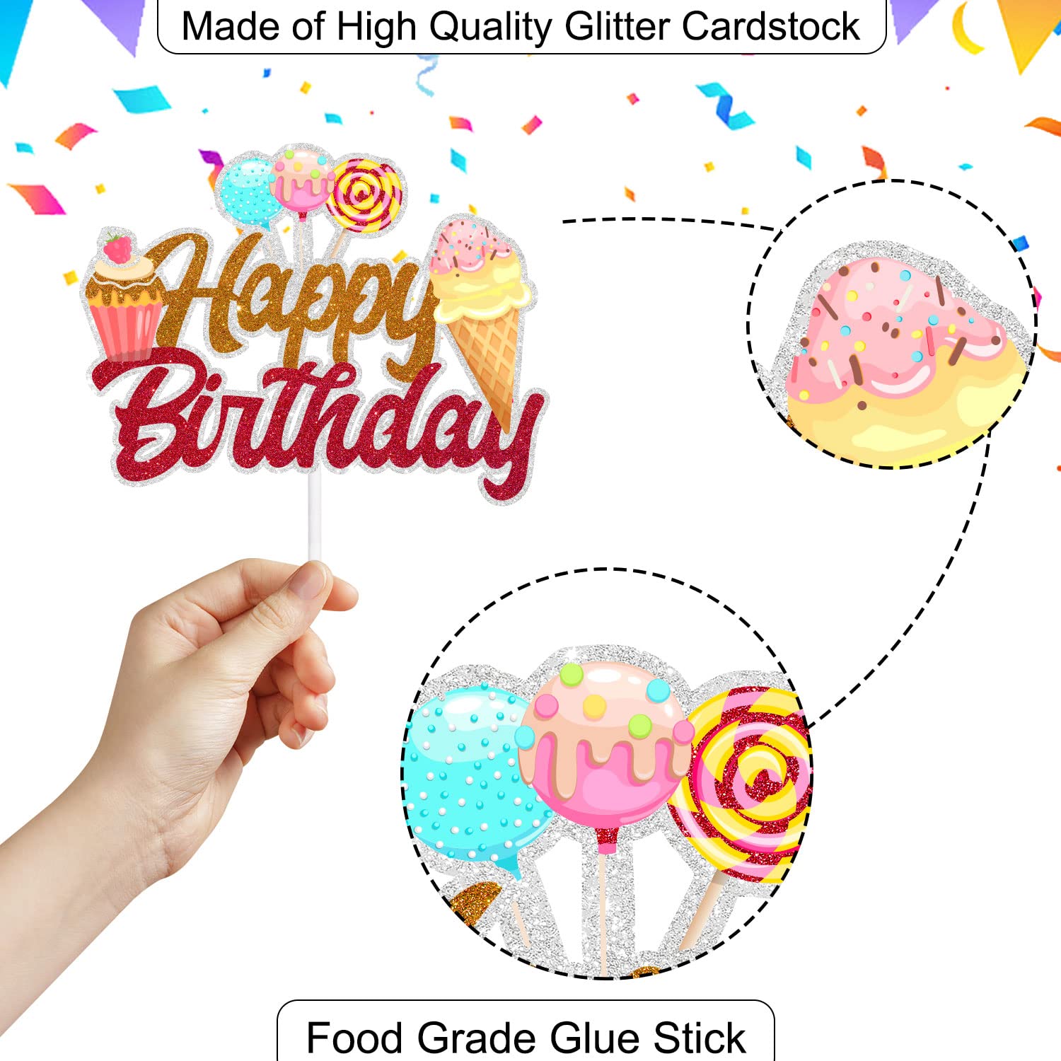 Ice Cream & Fruit Cupcake Toppers - 18pcs Colorful Glitter Toppers For Birthday, Baby Shower, Party Decor