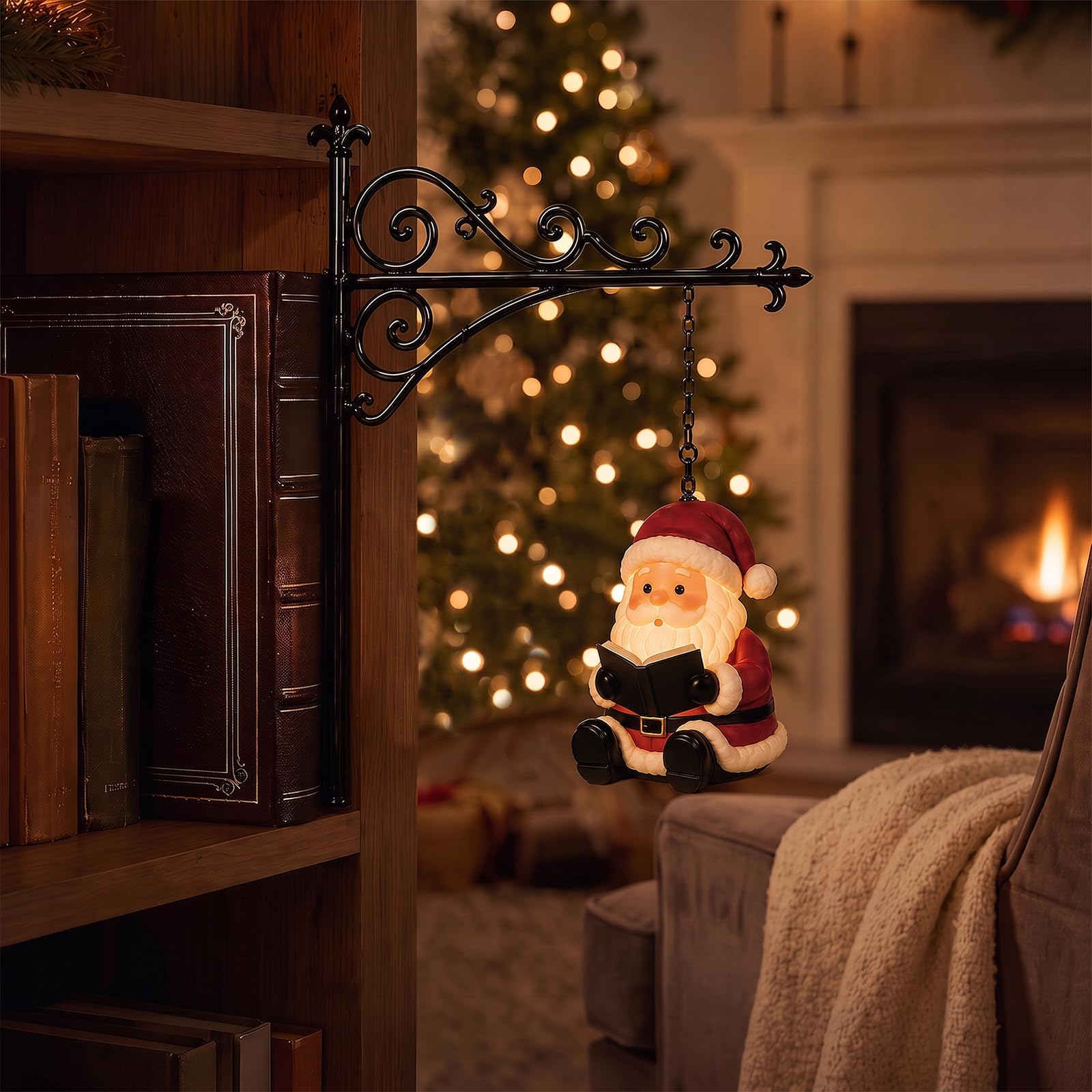 Library Lantern-Decorative Bookshelf Lighting, Reading Nook LED Nightlight, Metal Bookcase Lamps, Vintage Table Desk Luminaires, Studious Home Room Ornament (Santa Claus) — image 1