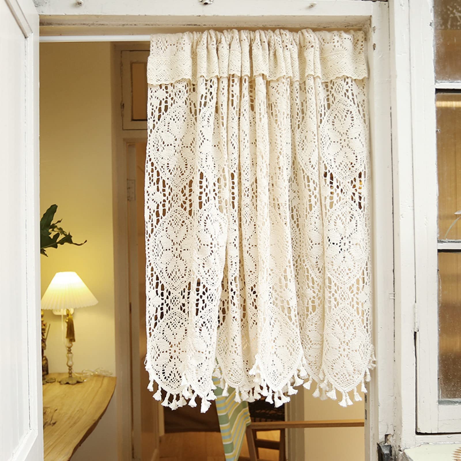 A.Monamour Cortina Cocina Ventana Puerta Corta Pequeña Bohemio Elegante De Encaje De Ganchillo Hueco De Algodón Beige Transparente Translúcida Visillo Transparente Translúcida Panel Cenefa