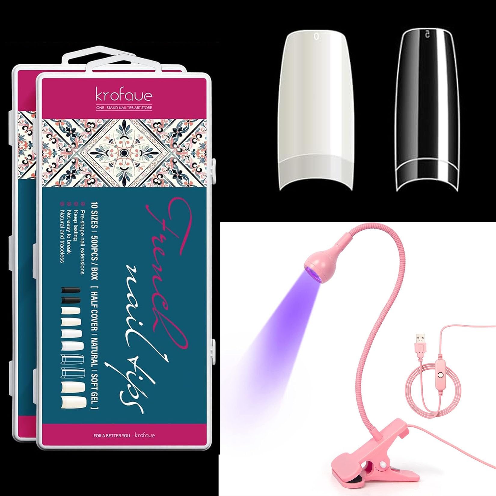 1000PCS Half Cover False Nails Tip krofaue 10 Sizes Lady French Style Artificial Tip Manicure - U V Nail Polish Curing Lamps Gel U V Gooseneck Nail Lamp Gel Nail Polish U V Light with 4 Levels Setting