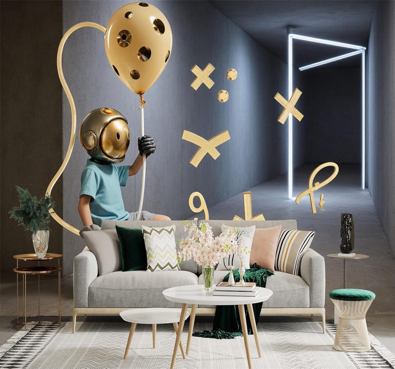 XLMING Three Dimensional Creative Astronaut Tunnel Balloon 3D Wallpaper Silky Texture Home Study Office Grey Dining Room Sofa Bedroom Living Room TV Backdrop-300cm×210cm