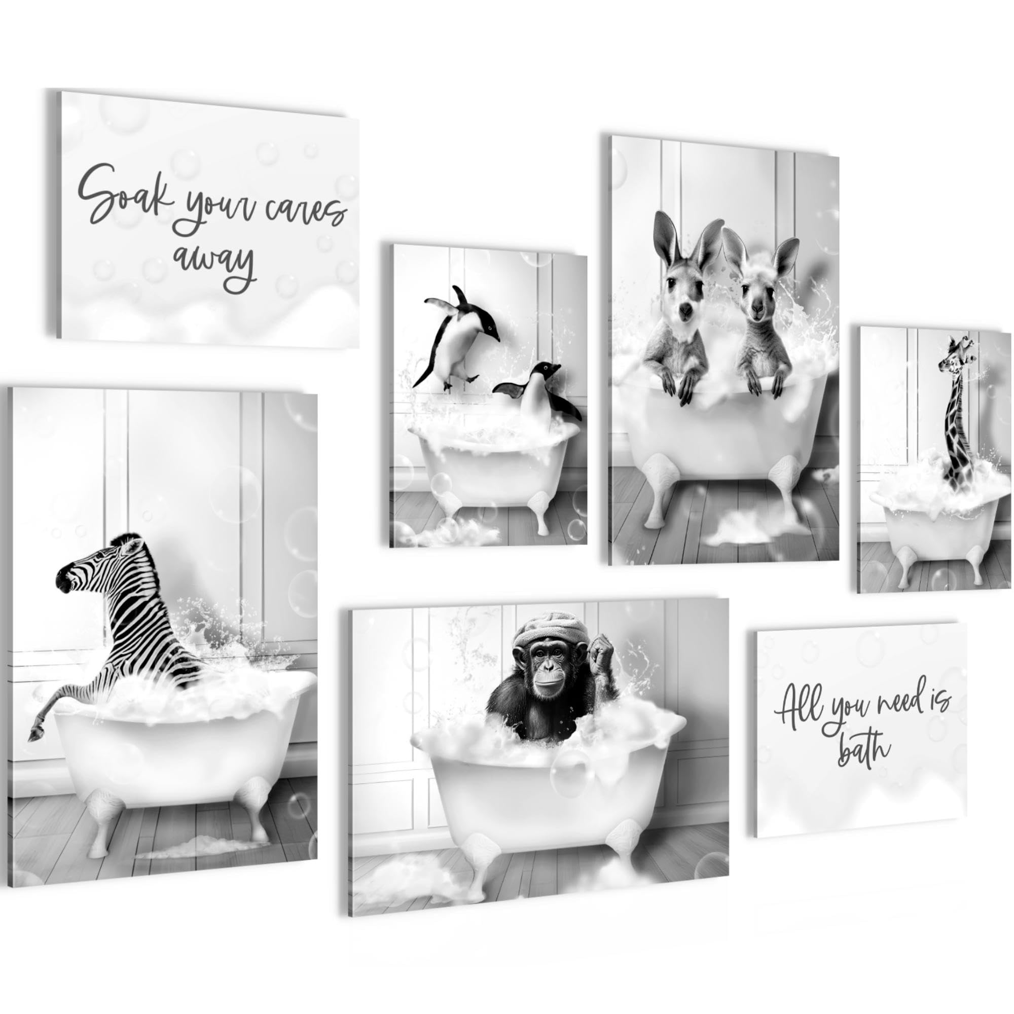Novart Bilder Lustige Tiere - KOMPLETT AUFHÄNGFERTIG - Schwarz Weiss Wohnzimmer Schlafzimmer Flur - 7 Moderne Mood-Bilder - N029072a