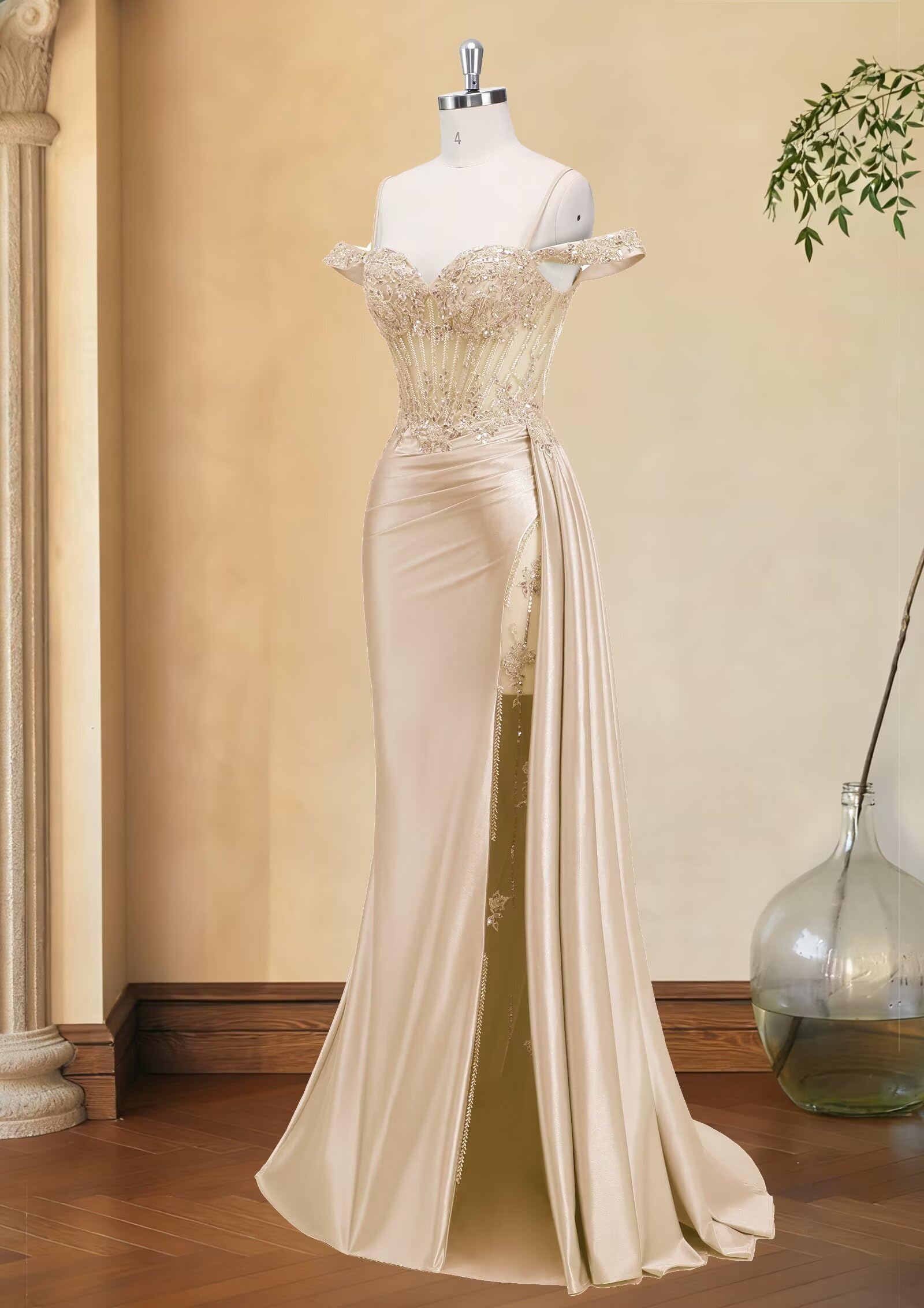 Schulterfreie Satin Ballkleider Damen Lang,Meerjungfrau Spitzen Abendkleider mit Schleppe Spaghettiträger Perlen Ballkleid mit Schlitz