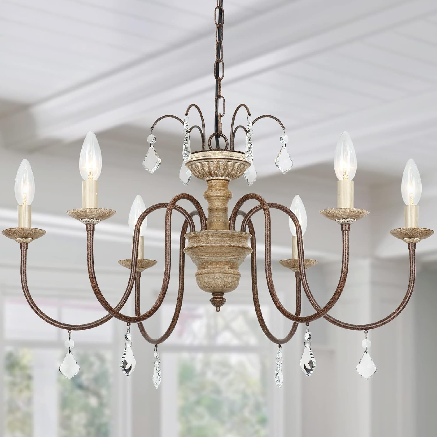 French Country Chandelier Orb 6-Light Farmhouse Chandelier Rustic Imitation Wood Chandeliers for Living Room Dining Room, Rust Metal Arms,Candle Style,Dia 28'',Distressed White
