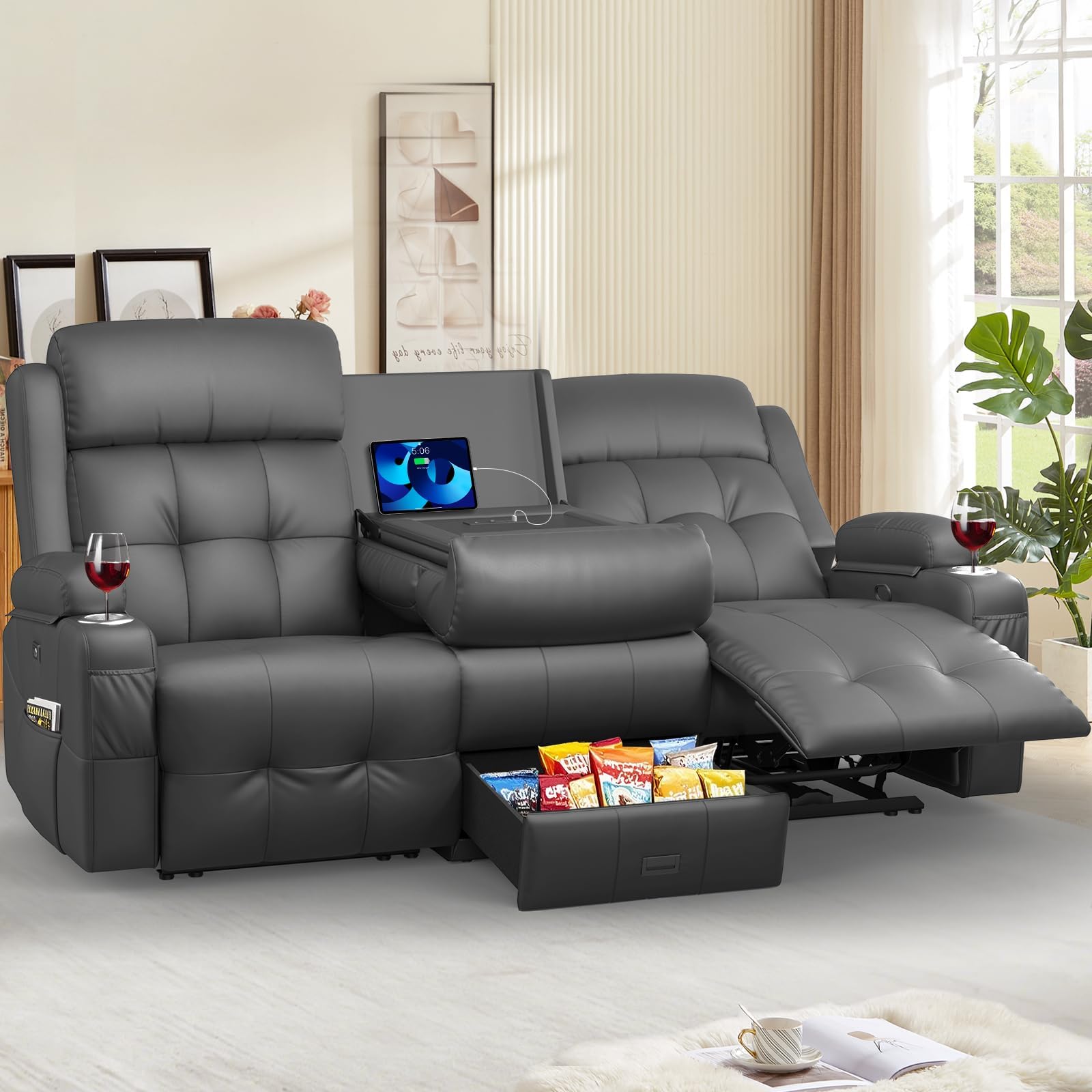 Recliner Sofa, 78.2" PU Leather Reclining Couch Loveseat with Flip Middle Backrest & Drawers - 3 Seat Home Theater Seating, Massage - Lumbar Support for Family Living Room & RV