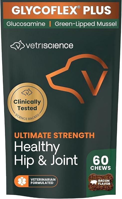Suplemento para Cães com Glucosamina, MSM, Mexilhão-Verde e Condroitina VetriScience Ultimate Strength Healthy Hip and Joint, Sabor Bacon, 60 unidades