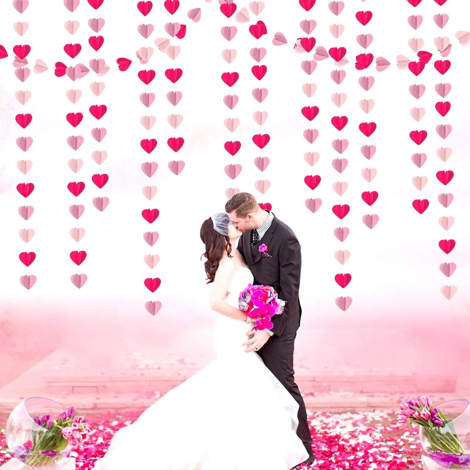 Rose Hot-Pink Party-Decorations 3D-Heart Garland - 39Ft Galentines Valentines Day Girl Birthday Flamingo Baby Shower Hanging Paper Streamers Banner,Engagement Wedding Bachelorette Decor Ouruola - Image 5