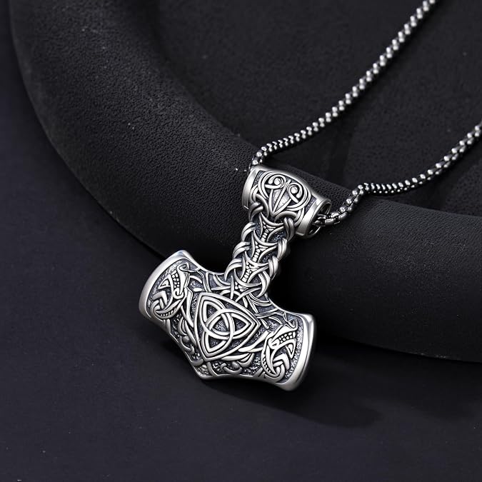 925 Sterling Silver Pendant Thor's Hammer, Stainless Steel Chain, Vintage Nordic Viking Thor's Hammer Pendant Necklace, Men's Amulet Jewelry Gift