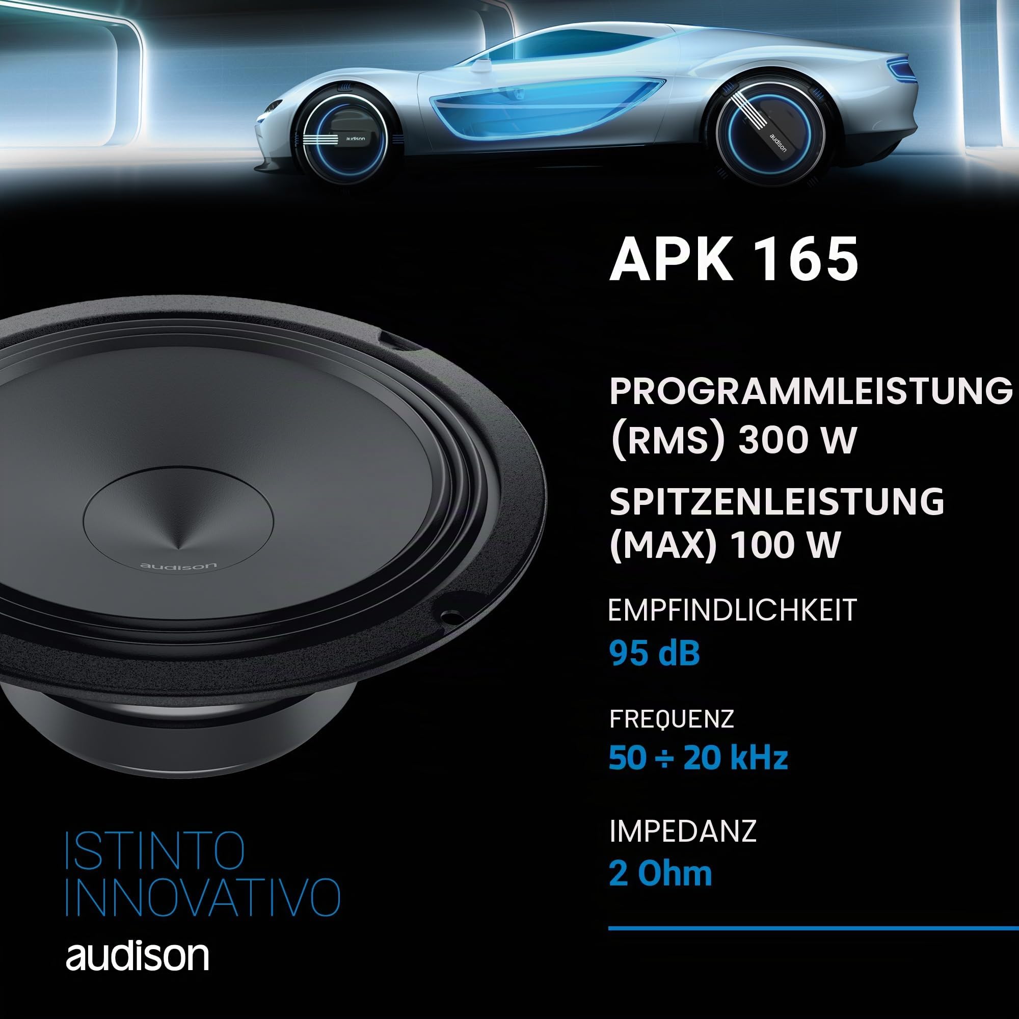 Audison APK 165 2-Wege-Komponentensystem, 165 mm Tieftöner und Hochtöner mit Frequenzweichen, 300 W Peak, 2 Ohm, 50 Hz bis 20 kHz Frequenzgang, Schwarz