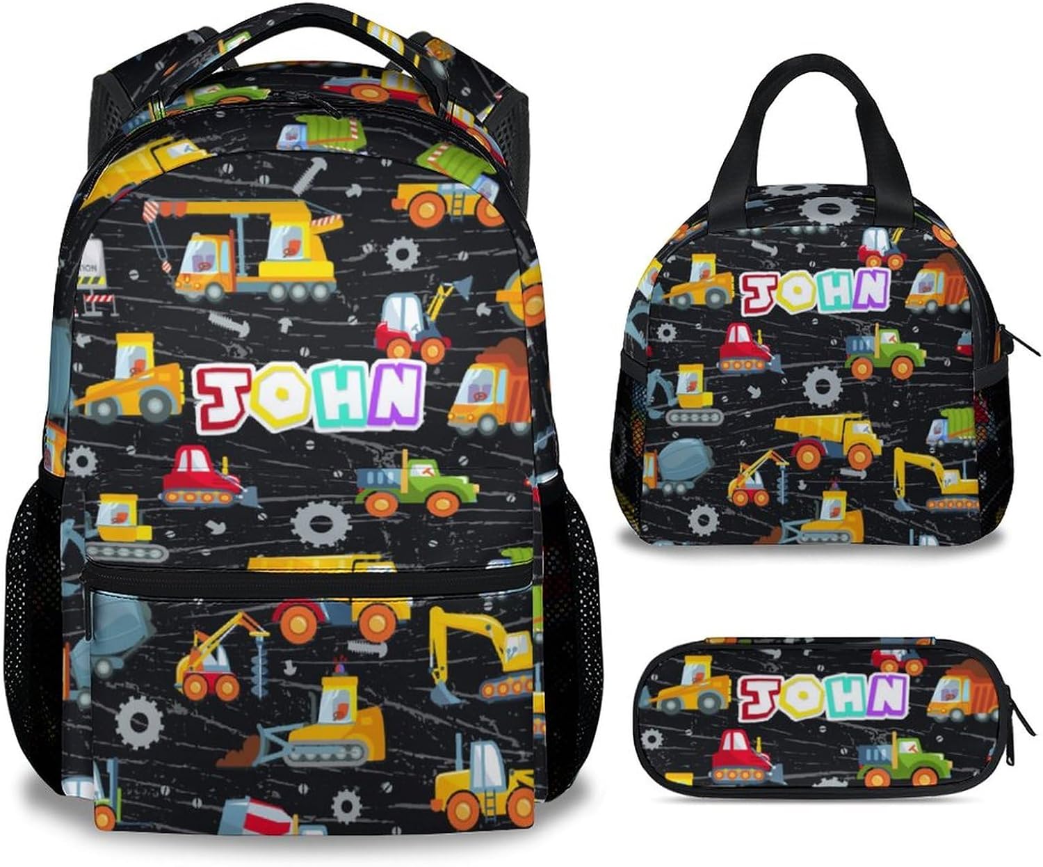 Custom Construction Backpack with Lunch Box, Personalized Set of 3 School Backpacks Matching Combo, Cute Lightweight Truck Excavator Bookbag and Pencil Case Bundle