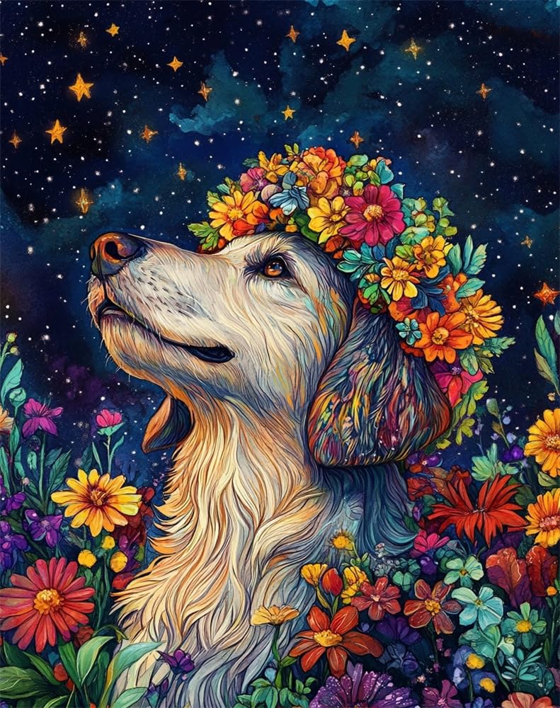 Henypt Cross Stitch Kits Dog Wearing A Floral-Wreath Hat Stamped Cross Stitch Preprinted 11Ct Fabric Cross Stitch DIY Art Embroidery Kits for Adults (Stamped)