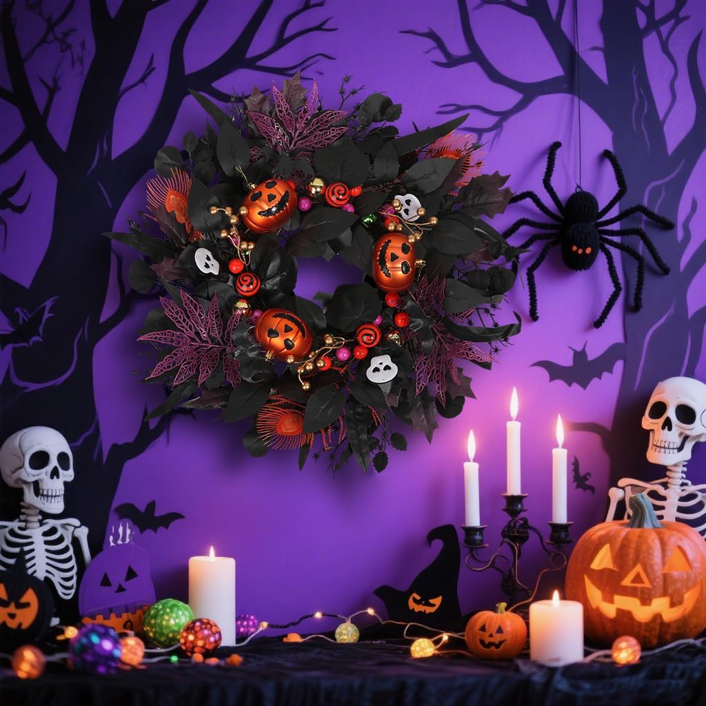 24" Glitter Halloween Wreath for Front Door - Sparkly Balls, Skulls, Bat, Skeleton, Pumpkin Fall Wreath for Outdoor Porch and Indoor Wall, Weather-Resistant and Easy-to-Hang