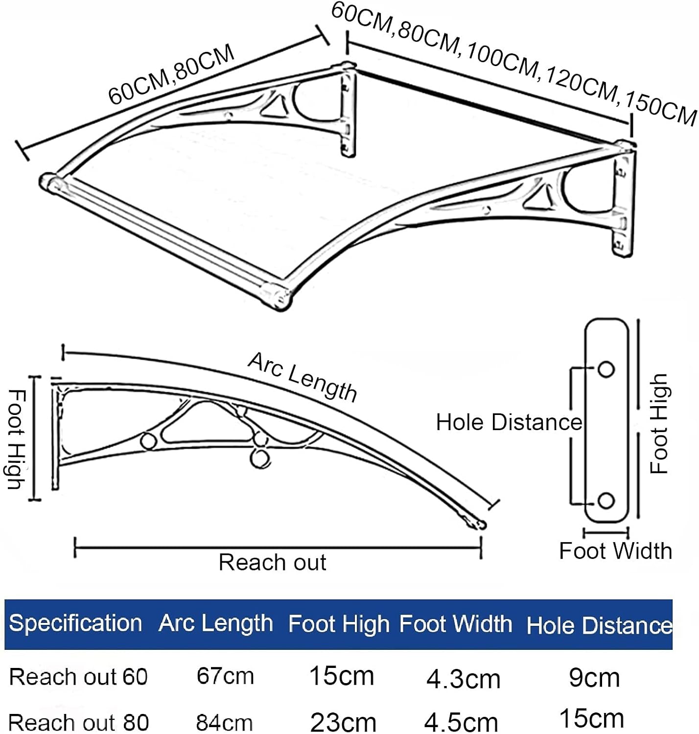Exterior Door Window Awning Canopy Front Door UV Protection Rain Canopy for Windows Porch Shade Patio Roof Cover (Color : Clear Size : 60x100cm)