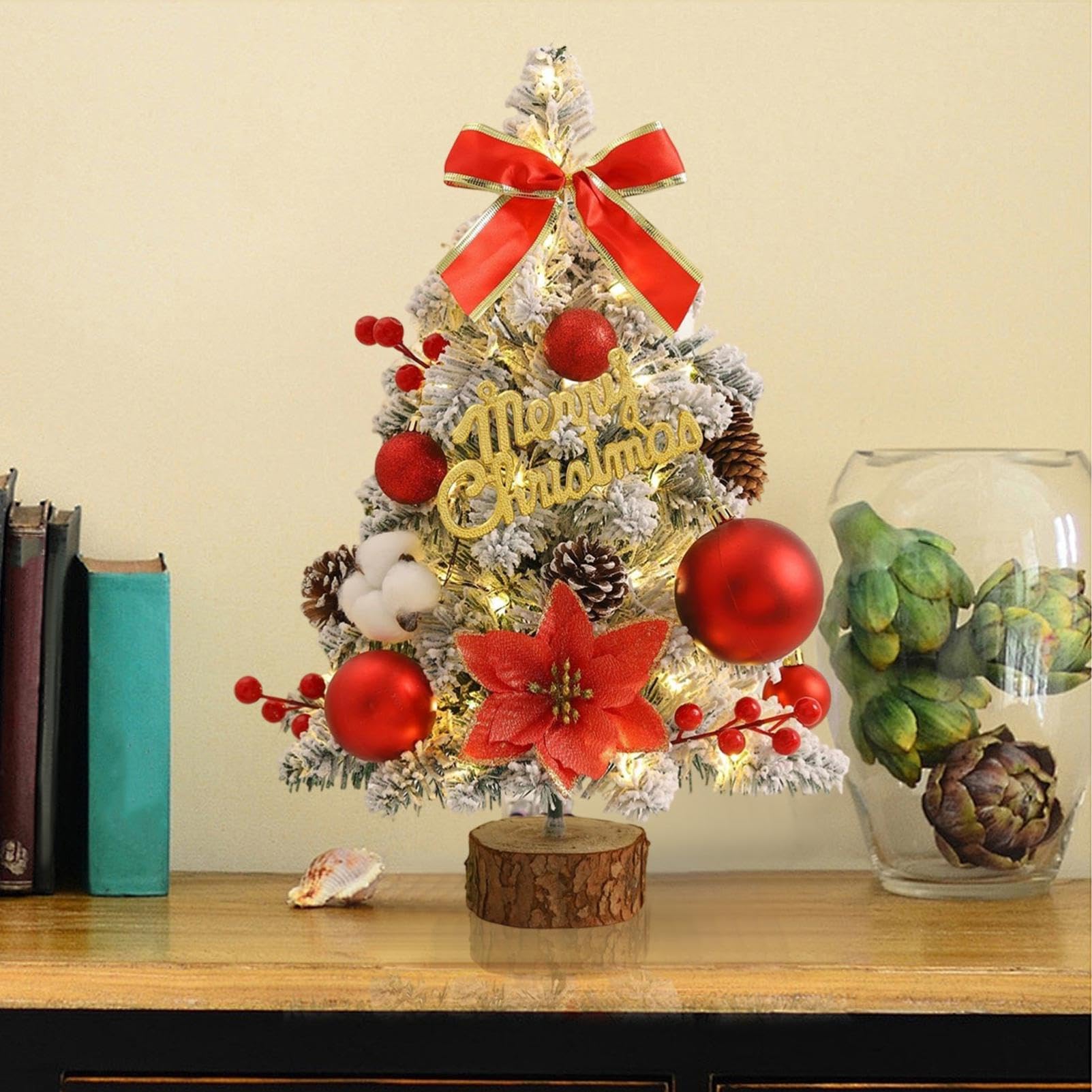 Mini sapin de Noël floqué avec lumières, petit sapin de Noël de table de 45 cm avec ornements, arbre de Noël de table fait main pour décoration de sapin de Noël (rouge)