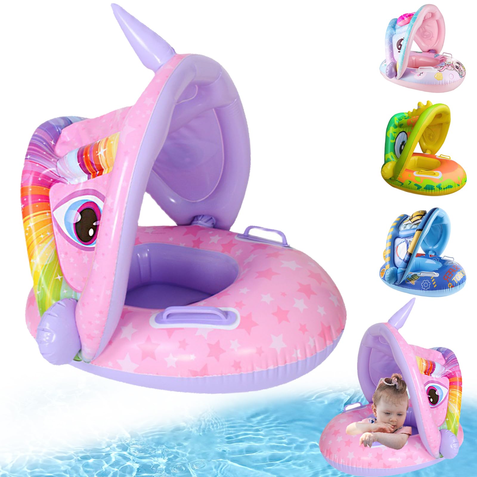 Rosa Flotador de Piscina para bebé, Protección Inflable Flotador de Natación Sirena con toldo de Protección Solar, Ayuda para Nadar Bebé, Anillo de Natación para Bebé para Niños Bebés de 1-4 año