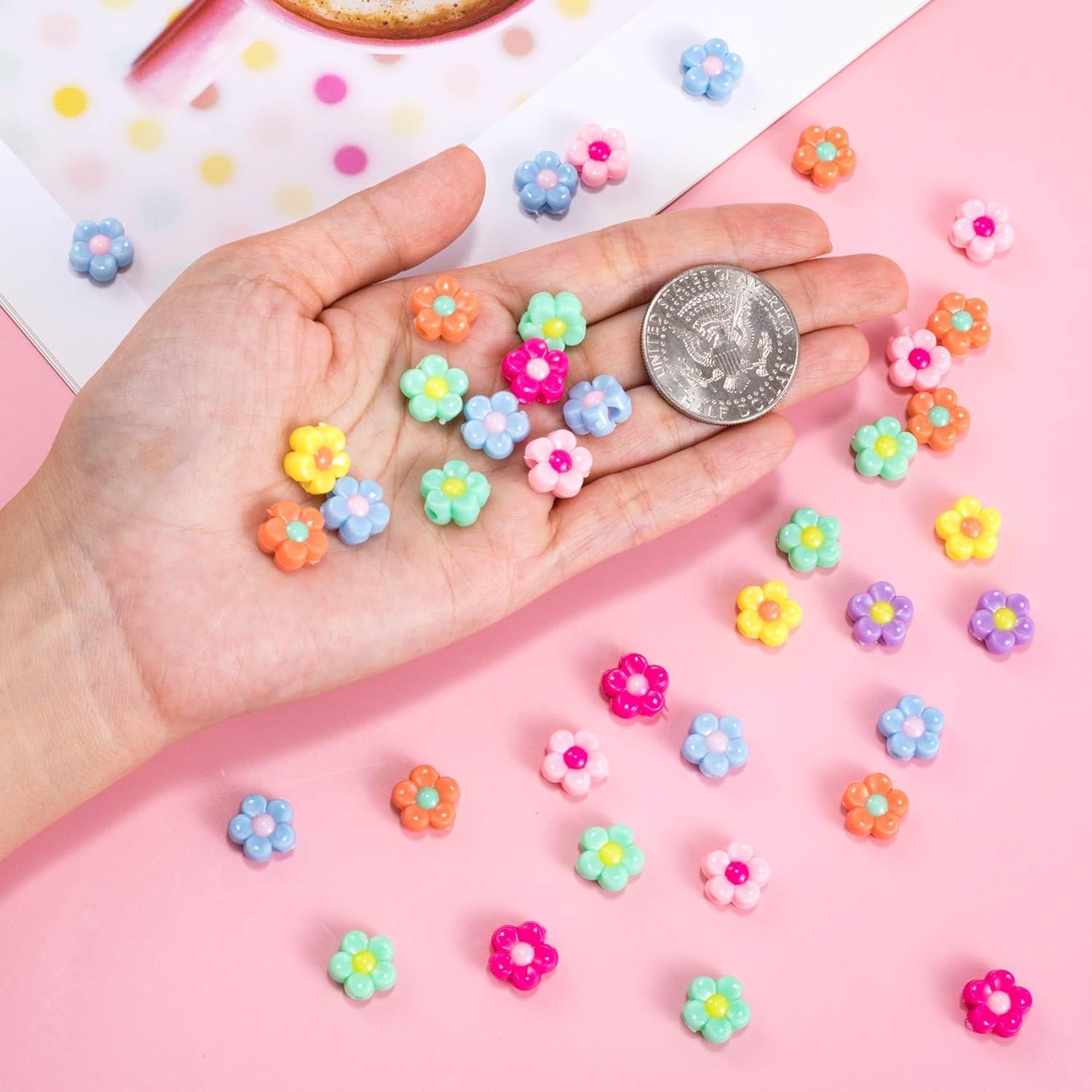 100pcs Five Petal Flower Beads, Multicolor Acrylic Flowers Bead for Jewelry Making, Floral Spacer Beads with Hole, Cute Flower Charm for Necklace, Bracelet, DIY - Style 2 - Image 3