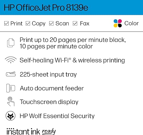 Miniatura 4 de HP OfficeJet Pro 8139e Impresora todo en uno, color, impresora para el hogar, impresión, copia, escaneo, fax, tinta instantánea elegible alimentador