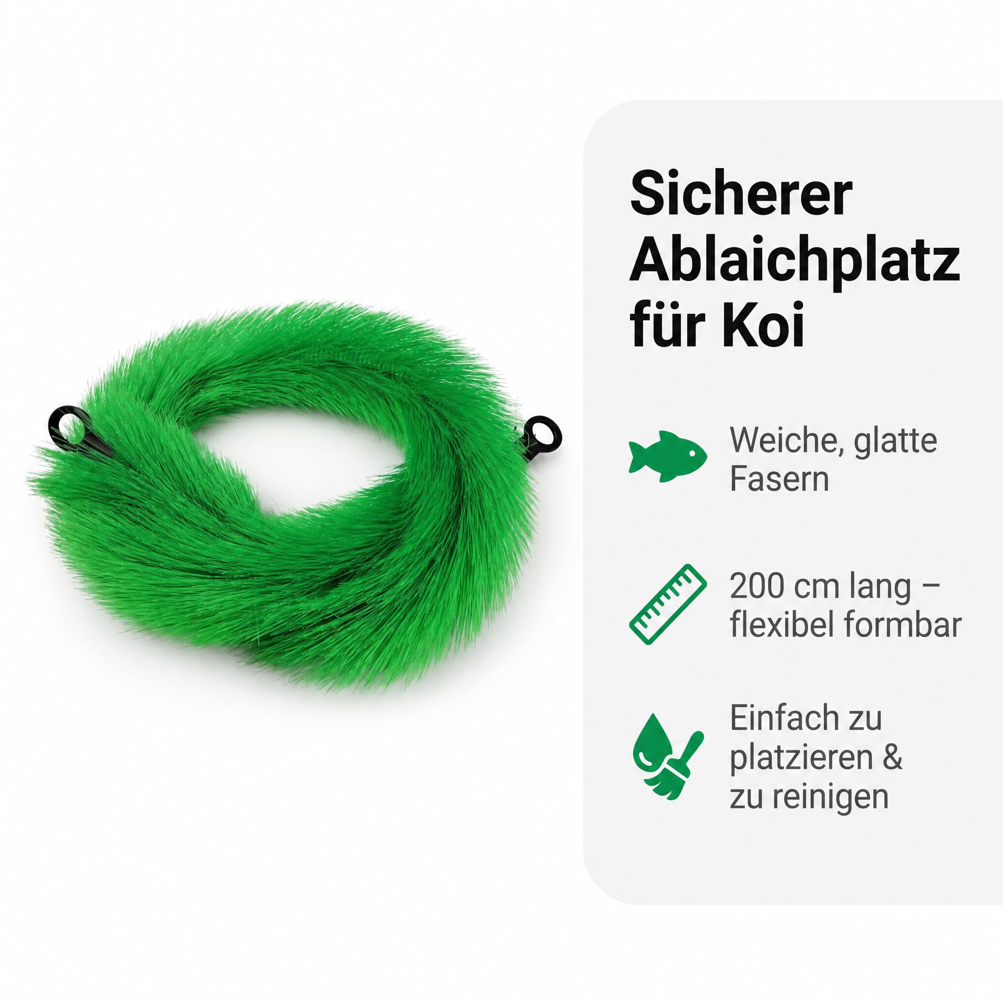 PondLife Laichbürste für Koi, flexible Ablaichhilfe für Teichfische, erweiterbar über Endösen, 200 cm Länge, Ø 14 cm, weiche PP-Fasern, rostfreier Drahtkern, Grün/Schwarz, Made in Germany