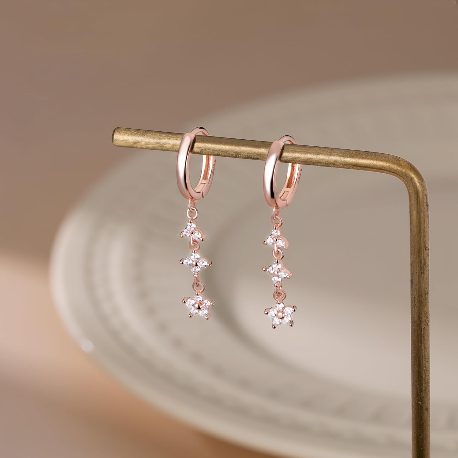 Reffeer Solid 925 Sterling Silver CZ Flower Chain Dangle Earrings for Women Teen Girls Chain Drop Hoop Earrings - Image 6