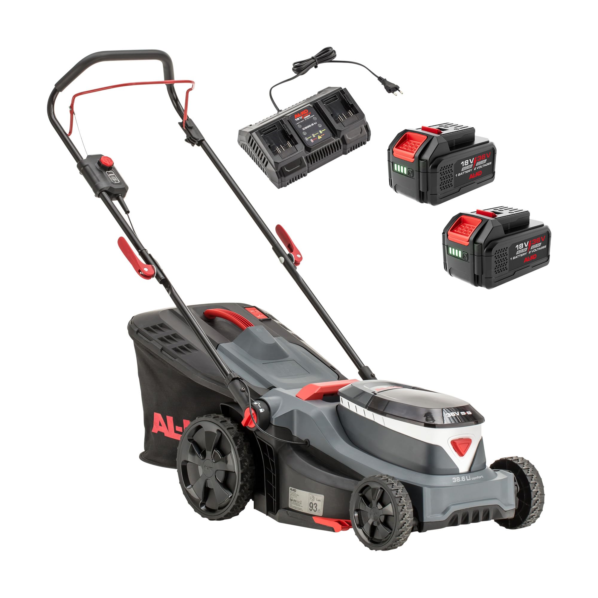AL-KO Cortacésped inalámbrico 38.6 Li Comfort, Ancho de Corte de 38 cm, Altura de Corte Central, para césped de hasta 500 m², Incluye 2 x 18/36 V (4 Ah/2 Ah) y Cargador Doble