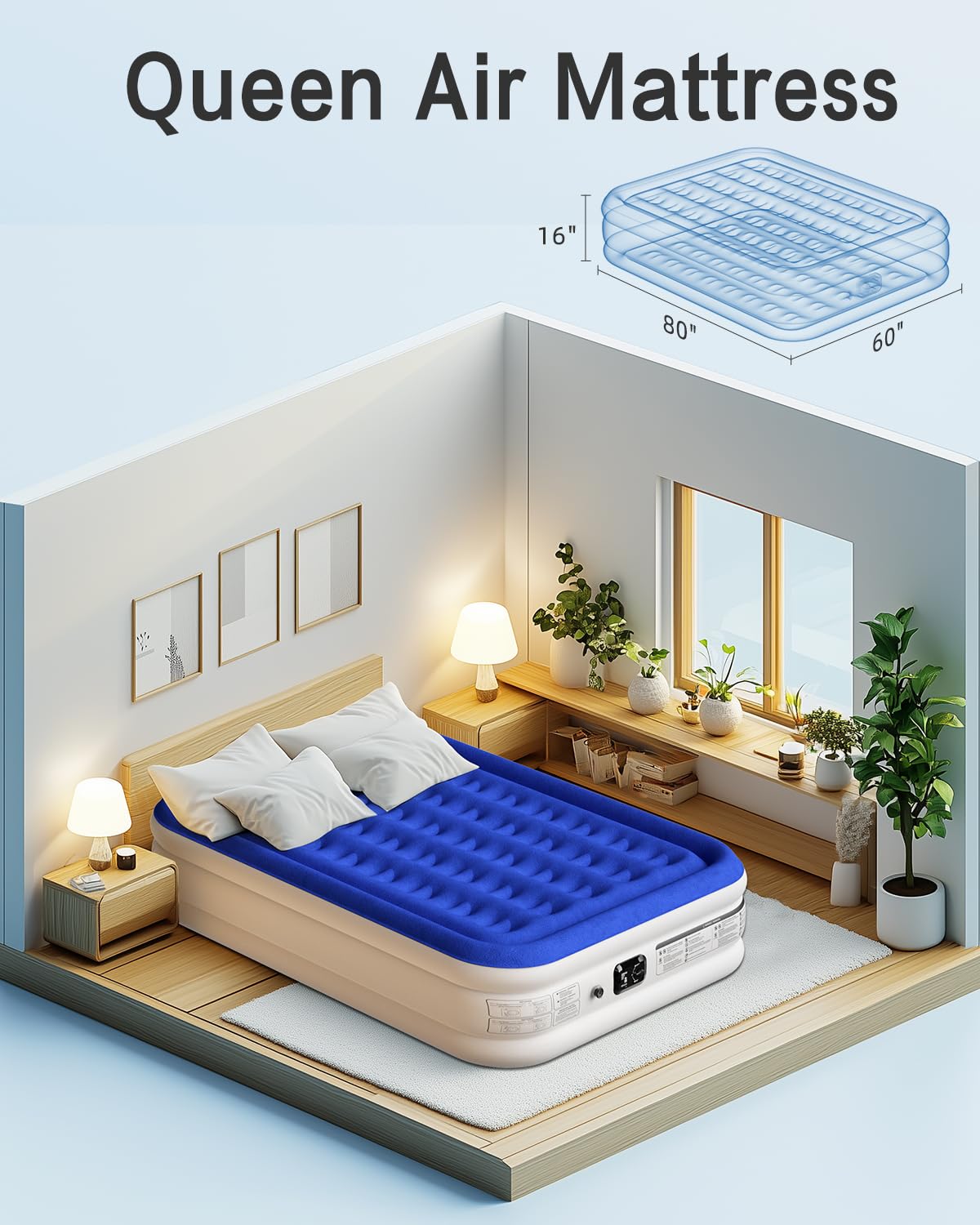 Xsleep Materac typu queen, 40 cm, wysoki, dmuchany materac typu queen-size, z wbudowaną gałką pompy, aktywowany w 1-3 minuty, szybkie nadmuchiwanie/spuszczanie powietrza, do wszystkich miejsc wewnątrz