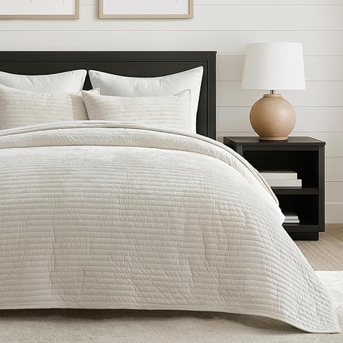 Miniatura 2 de EVERGRACE Juego de edredón de terciopelo tamaño King, lujoso juego de ropa de cama suave a rayas, edredón de terciopelo ligero para todas las