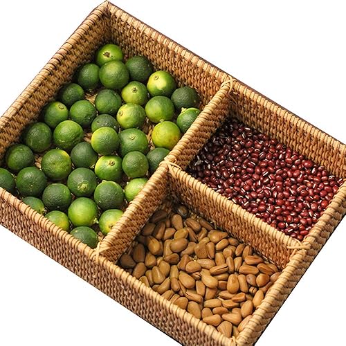 Miniatura 2 de Caja de almacenamiento rectangular de ratán tejida a mano, 3 compartimentos, organizador de cosméticos, utensilios y cesta para servir botellas