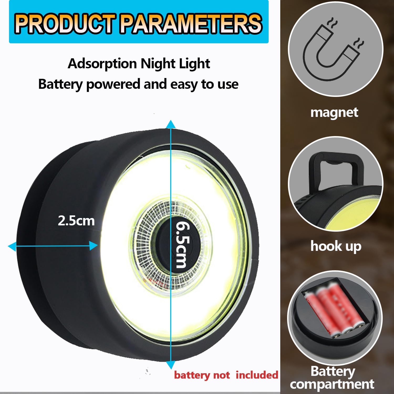 MODOAO LED Work Light ﻿COB with Magnetic Mini Camping Flashlight with Hanging Hook Single Mode Job Site Lighting Night Light Flashlight for Mechanics, Car, Outdoor Camping, Home Emergency (1 Pack)