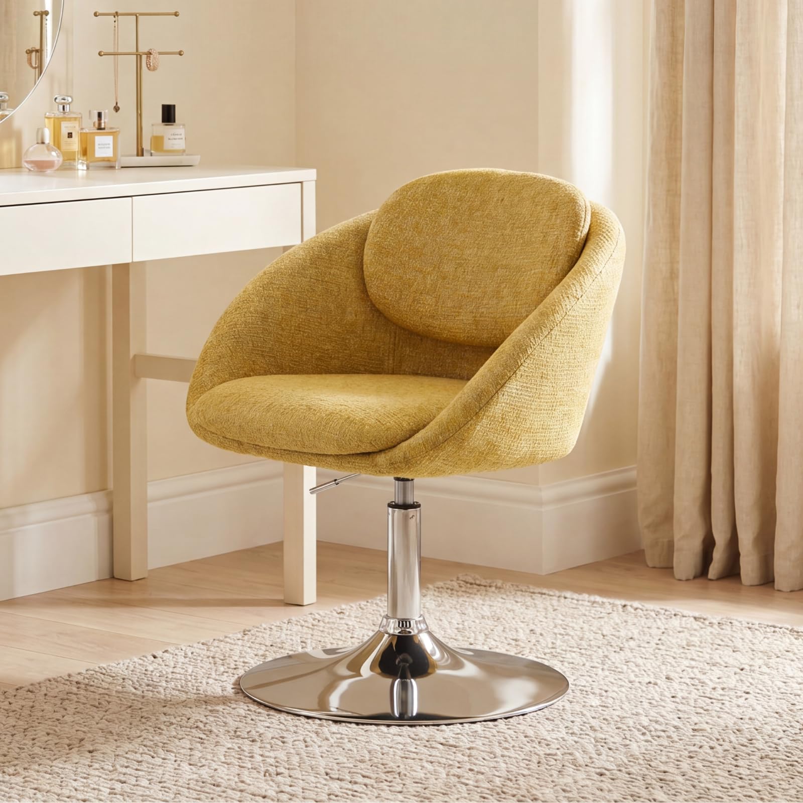 Ya-Home Vanity Accent Chair Chenille Adjustable Height Dressing Table Chair with Back Swivel Salon Armchair Chairs for Living Room Bedroom, Yellow