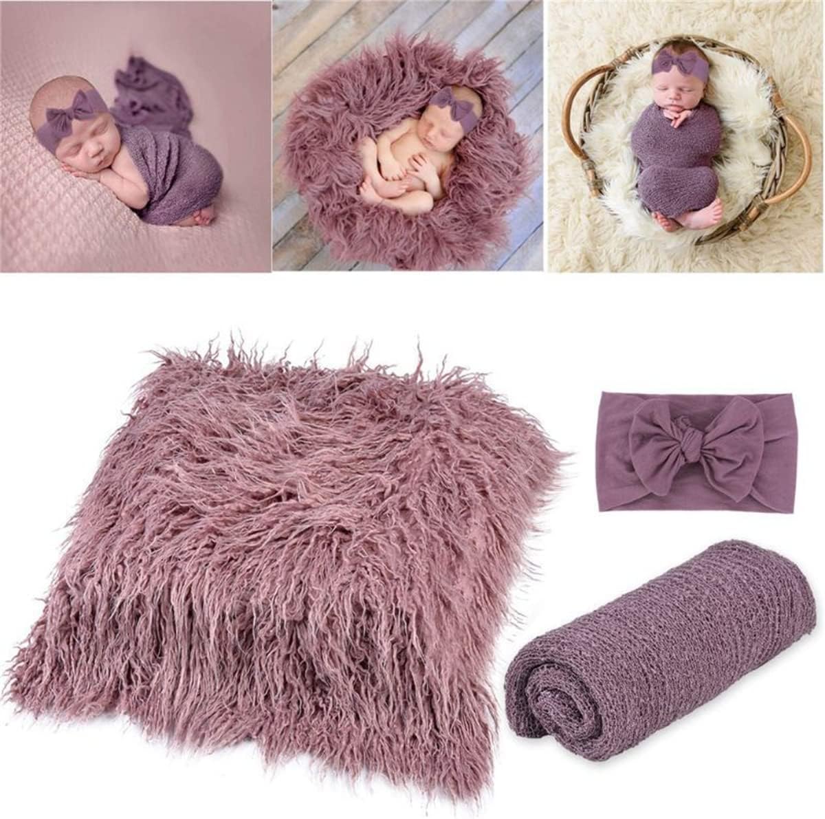 SKEIDO 3Pcs/Set 0-3Month Newborn Photography Props Baby Blanket&Wrap&Headband Photo Shoot Studio Boys Girls Clothing Accessories Gift -Purple