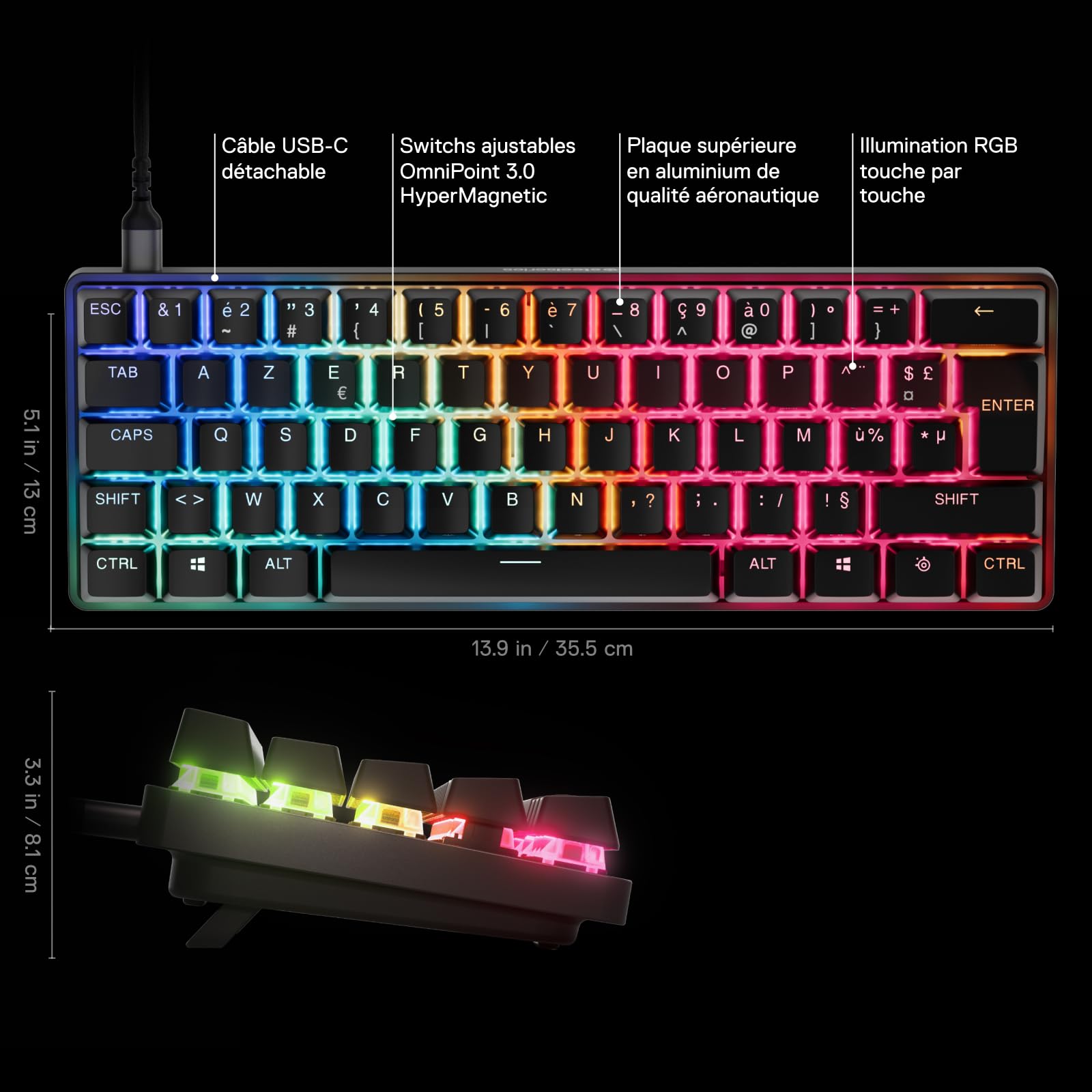 SteelSeries Apex Pro Mini Gen 3 Switchs OmniPoint 3.0 - Actionnement Ajustable - Rapid Trigger - Préréglages prêts à Jouer - Mode Protection - Rapid Tap/SOCD - OLED - Capuchons PBT - Format FR AZERTY