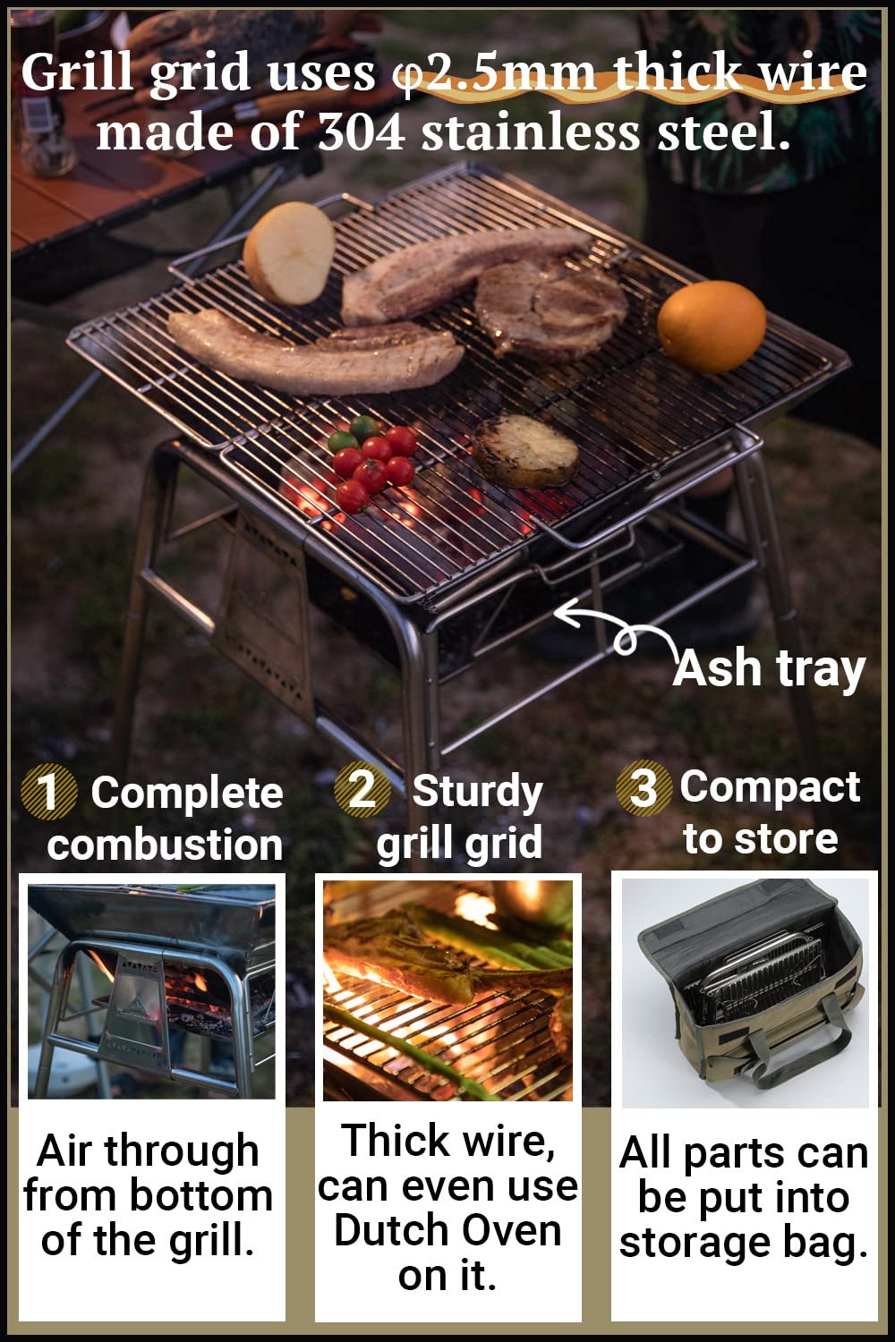 CAMPINGMOON Składany grill kempingowy grill na węgiel drzewny stojak ze stali nierdzewnej typ MT-5