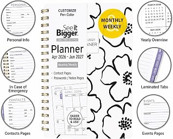PlanAhead See IT Bigger Small, Pocket Size April 2026 June 2027 Monthly/Weekly Planner 4 x 6 and Customizable Color Pen