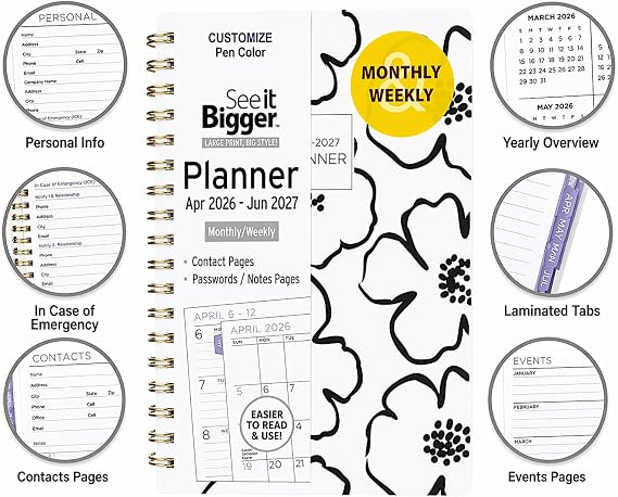 PlanAhead See IT Bigger Small, Pocket Size April 2026 June 2027 Monthly/Weekly Planner 4 x 6 and Customizable Color Pen