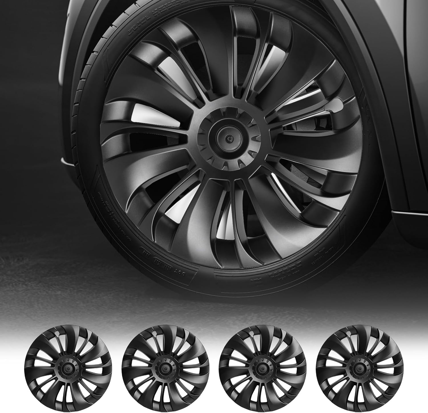 Wheel Covers Compatible with Tesla Model Y (Juniper) 2025–2026, 19-Inch Hubcaps – VortexEdge B Style, Matte Black, with Blank Center Caps, Easy Clip-On Installation, 4PCS(Refreshed Juniper Only)