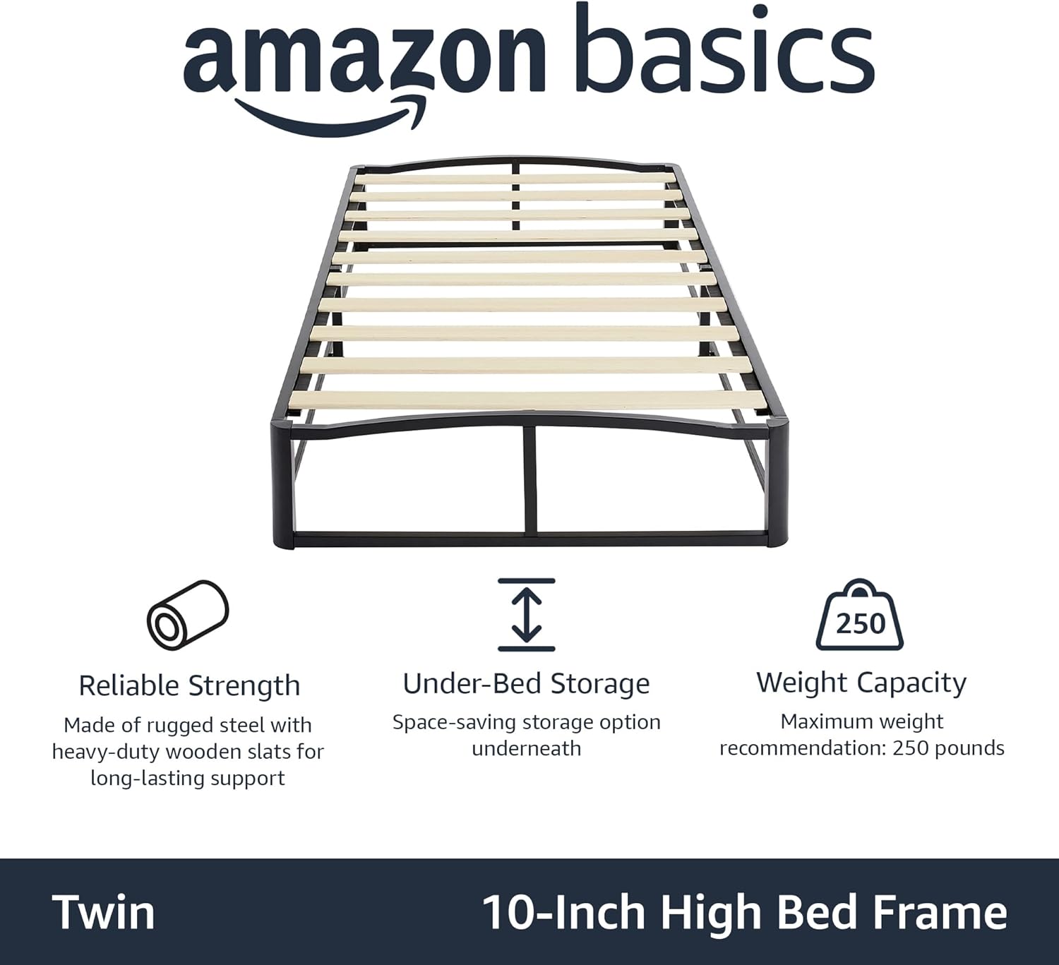 Amazon Basics Durable Metal Platform Bed Frame with Wood Slat Support, 10 inches High, Twin, Black