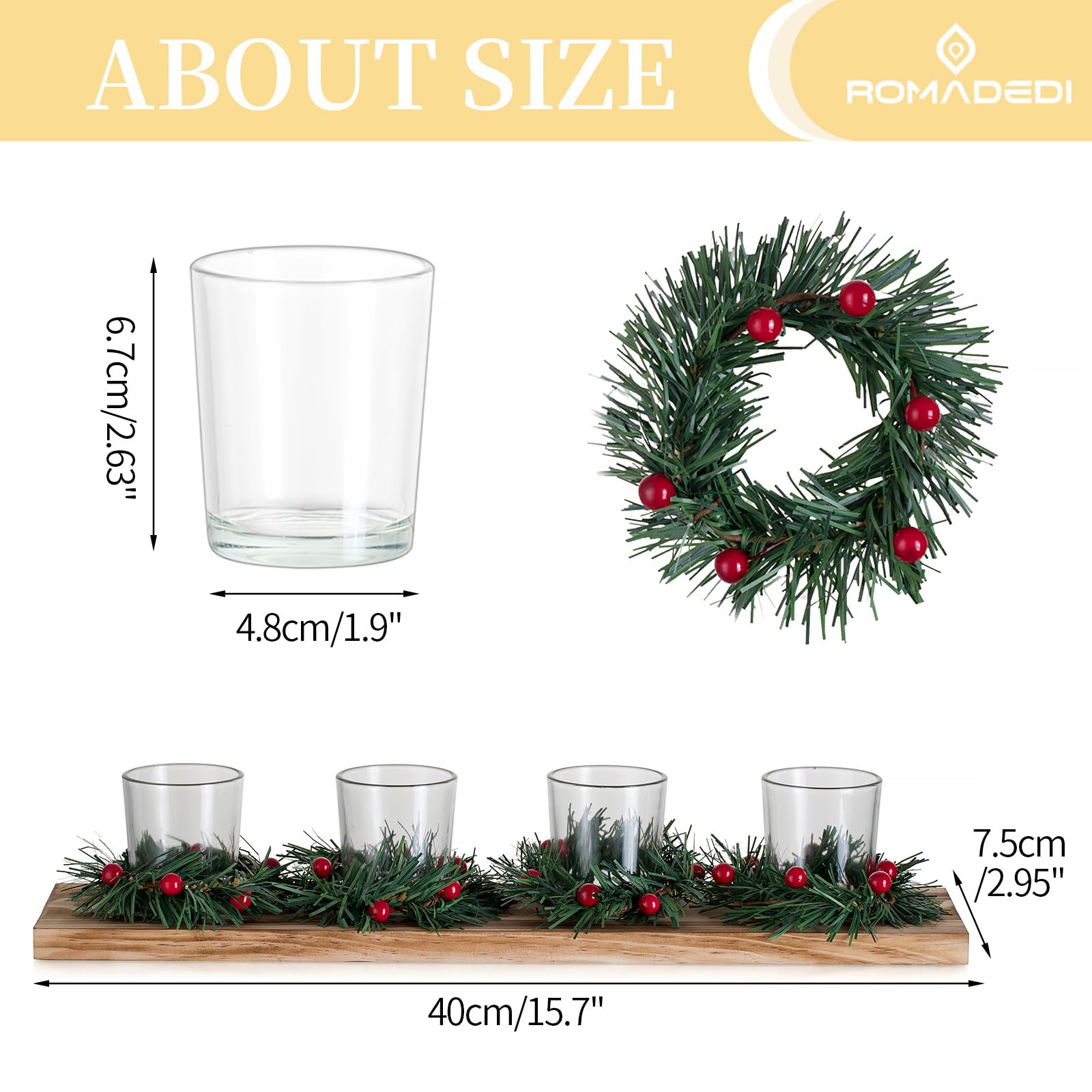 Romadedi Bougeoir de Noël pour centre de table - Décoration rustique - 4 photophores avec mini couronnes de Noël - Plateau en bois pour table de dîner d'hiver - Cadeau de 41 cm
