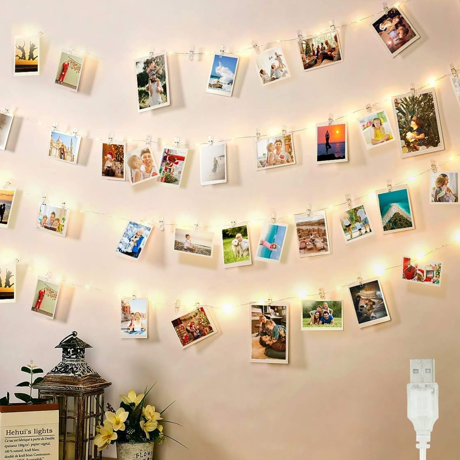 Liyade Guirnalda de luces LED con 10 m, 100 LED, con 60 pinzas y 20 ganchos, para salón, Navidad, bodas (blanco cálido)