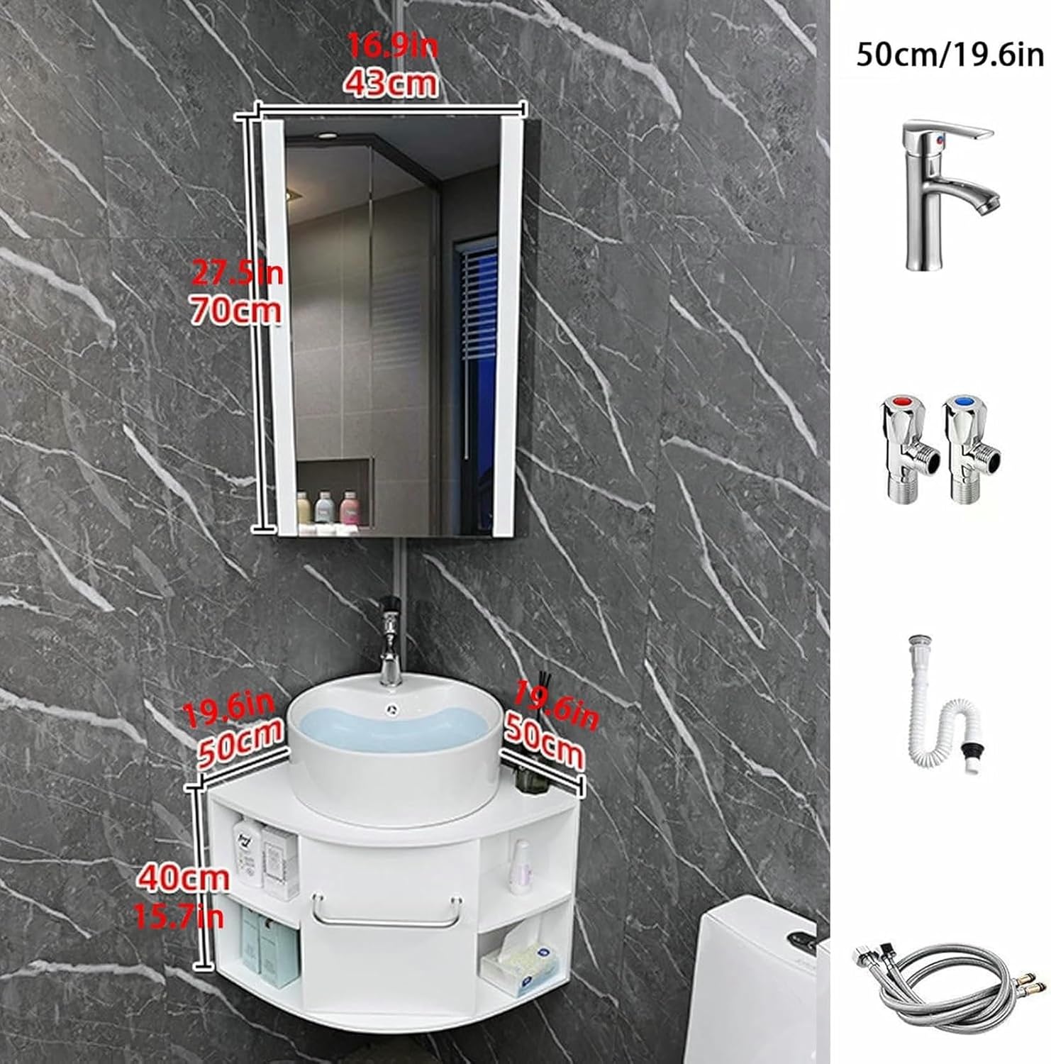 Corner Bathroom Sink, Wall Mount Corner Bathroom Vanity, Triangle Bathroom Sink Cabinets, Ceramic Wash with Storage Container and Mirror Cabinet, for Small Space(55cm/21.6in)