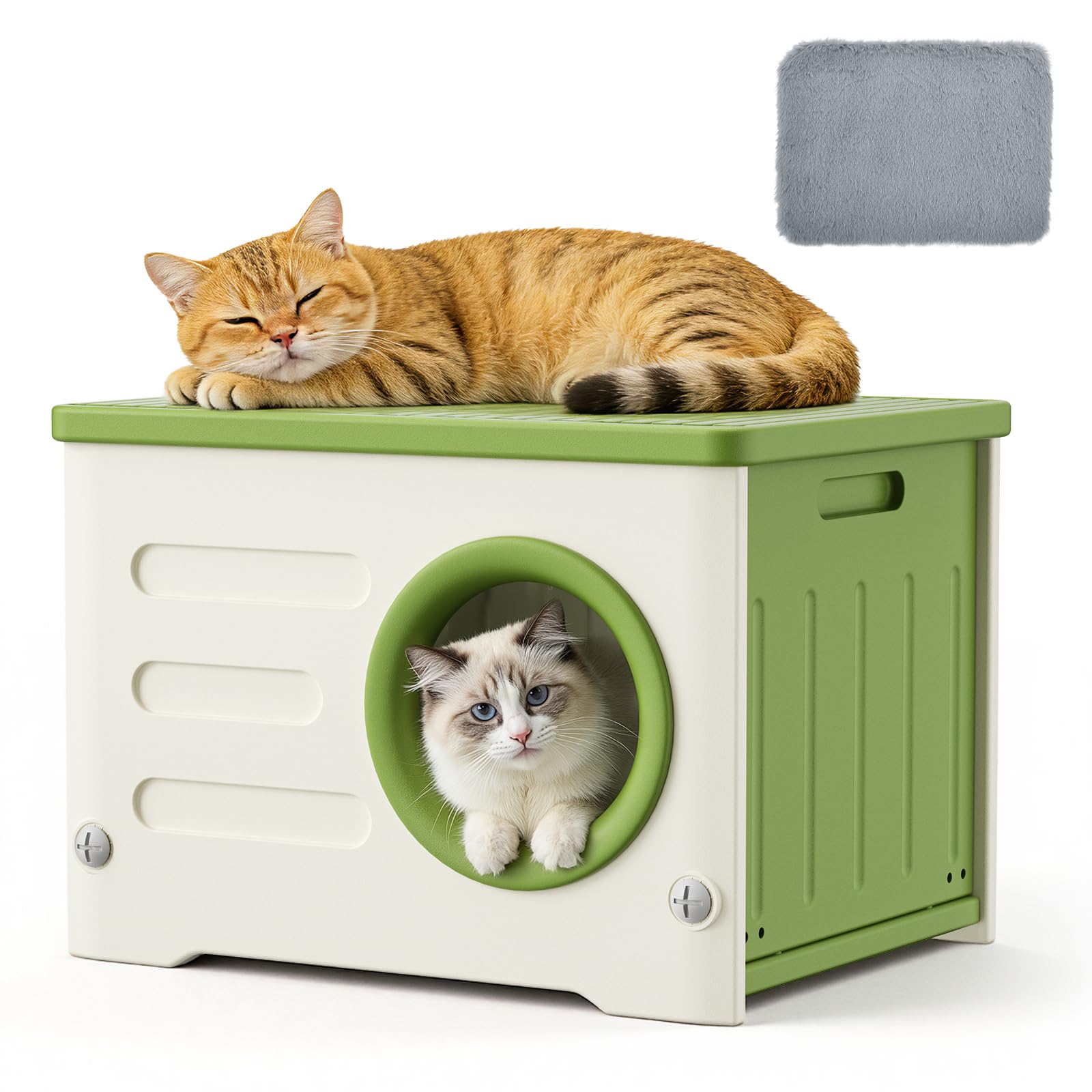Bonita casa de gato para interiores y exteriores, casa de refugio impermeable apilable de plástico con alfombrilla para gatos para todas las estaciones, resistente caseta para gatos máx. 50 kg