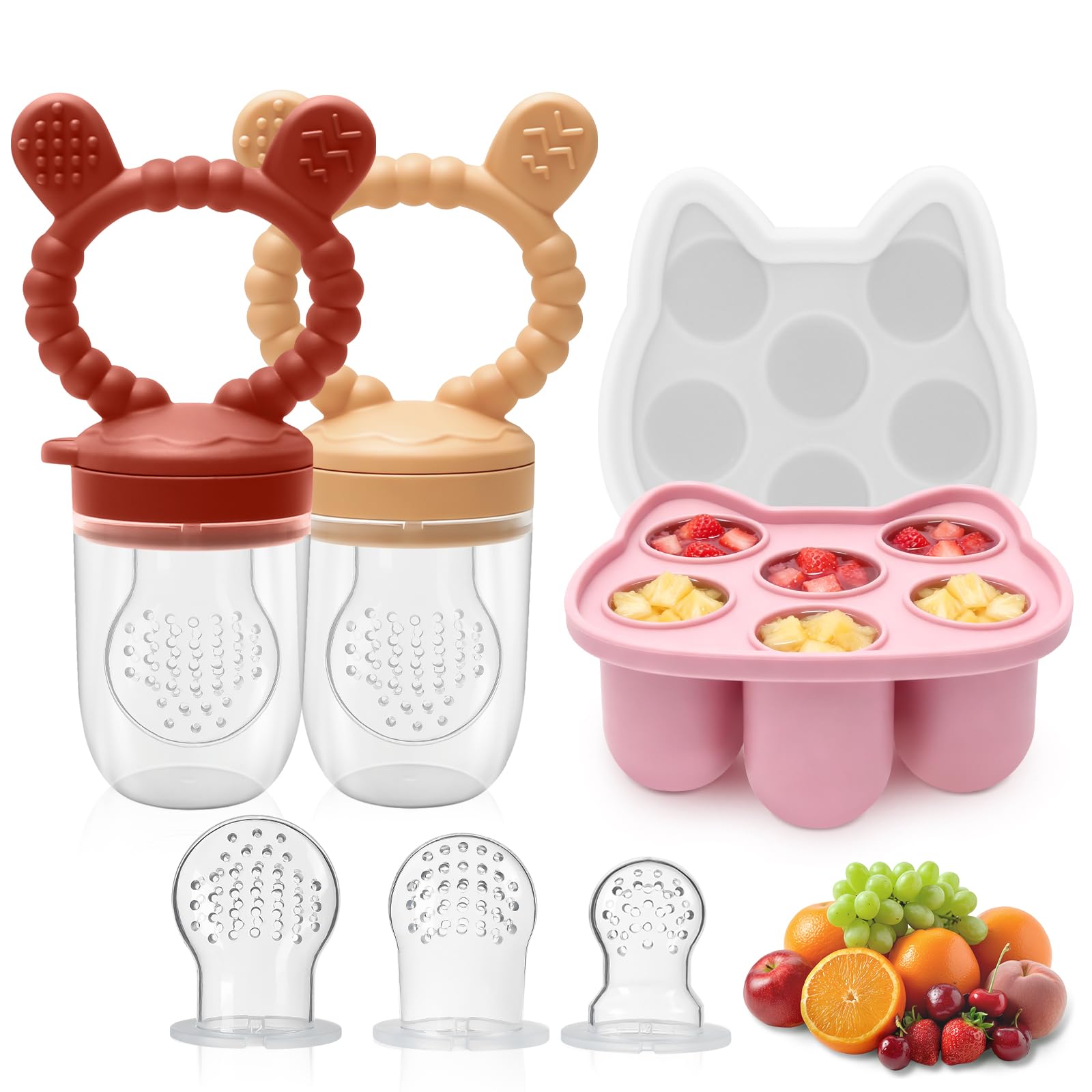 Fruchtsauger Baby, Silikon Obstschnuller (mit Eiswürfelform), für Obst Gemüse Brei Beikost, Babybrei Einfrieren Behälter für Babynahrung Muttermilch, Beißring Zahnungshilfe, BPA-Frei (Red + Yellow)