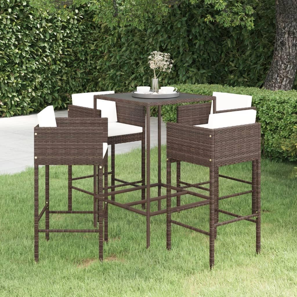 5 Piece Patio Bar Set, Outdoor Wicker Counter Height Table and Bar Stools, Bar Height Table Bistro Set with 4 Bar Chairs and Cushions, for Backyard, Poolside, Balcony, Brown