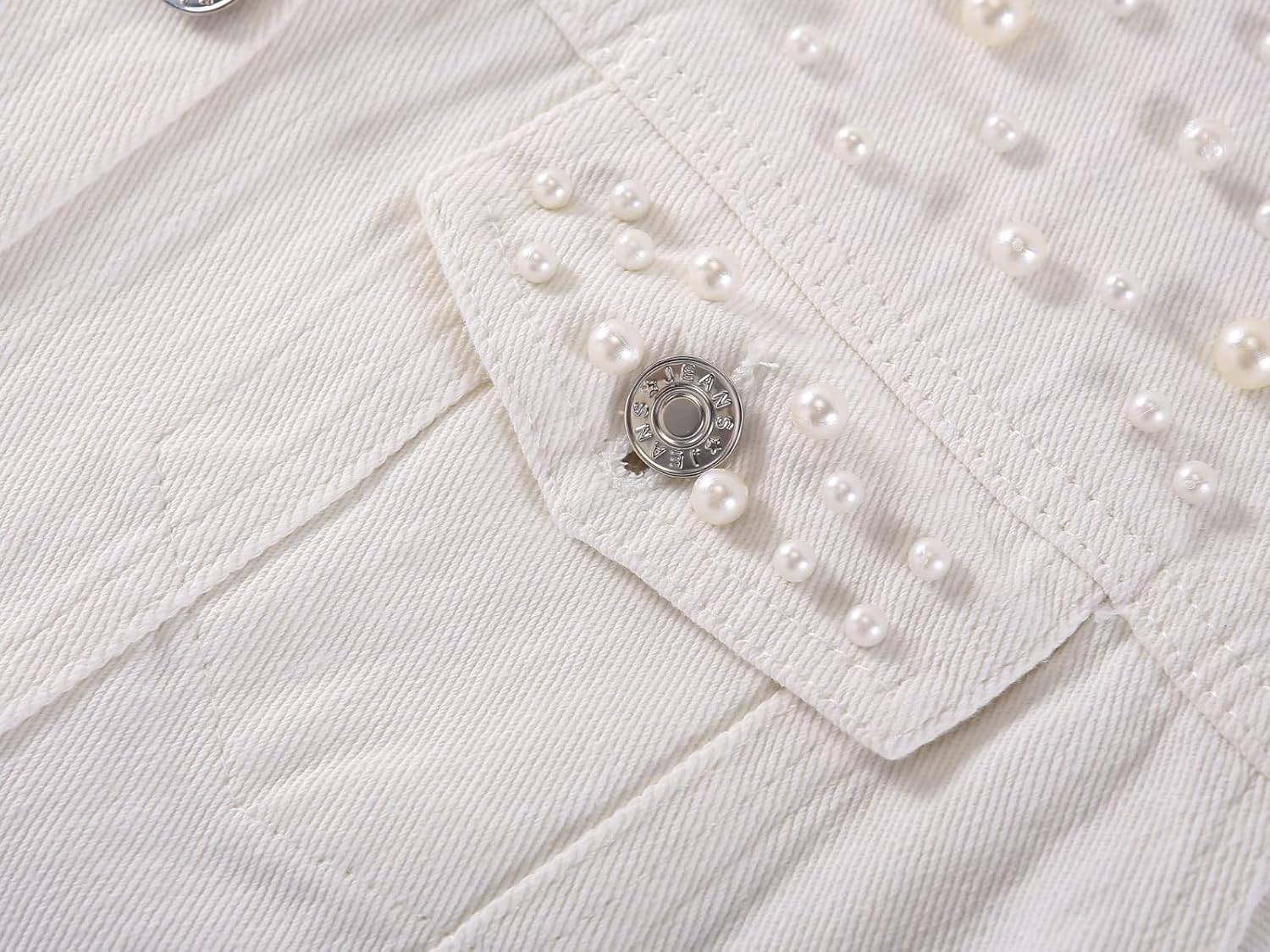 Womens Pearls Beading Cropped Jean Jacket Trendy Spring Fall Lapel Long Sleeve Cowgirl Jacket Loose Fit Button Up Cardigan Denim Jacket With Pearls White Jean Jacket S