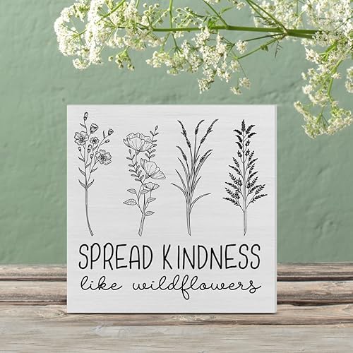 Miniatura 5 de Cartel de madera Spread Kindness Like Wildflowers, caja de madera con flores de granja, letrero de bloques de escritorio, letreros rústicos para