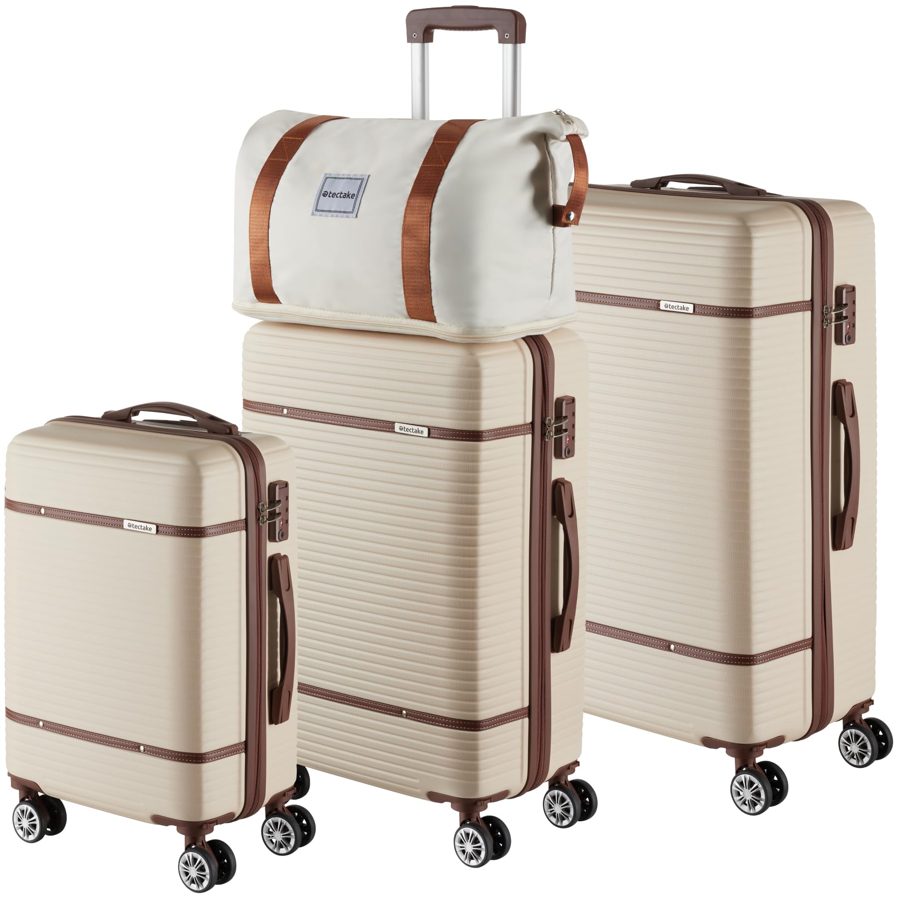 tectake® Juego de Maletas de 13 Piezas, Maleta Grande, Mediana y de Mano, Maletas de Viaje en ABS e Imitación Cuero, Cerradura TSA, Ruedas 360°, Set de Maletas Apilables, Accesorios Viaje - Crema