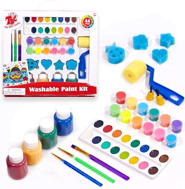 TBC Washable Paint Kit for Kids Safe Non-toxic Poster Painting Set with 12 Tempera Paints, 16 Watercolour Paints, 4 Finger Paints, Brushes and Sponge Roller & Stamps for Toddler Children Art DIY
