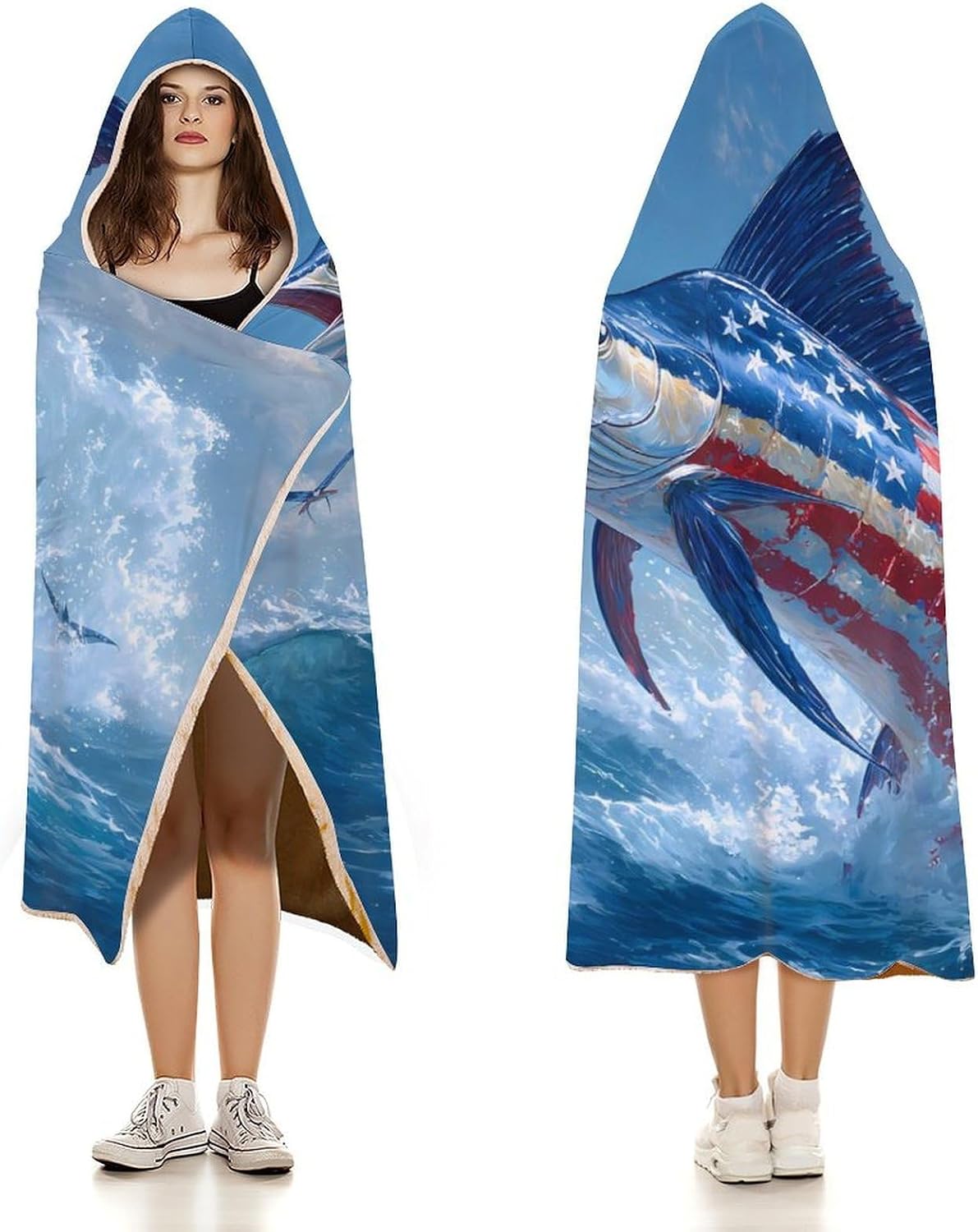 US Flag Marlin Fish Wearable Blanket Oversized Throw Cape | Cozy Hooded Blanket Gifts for Women Men