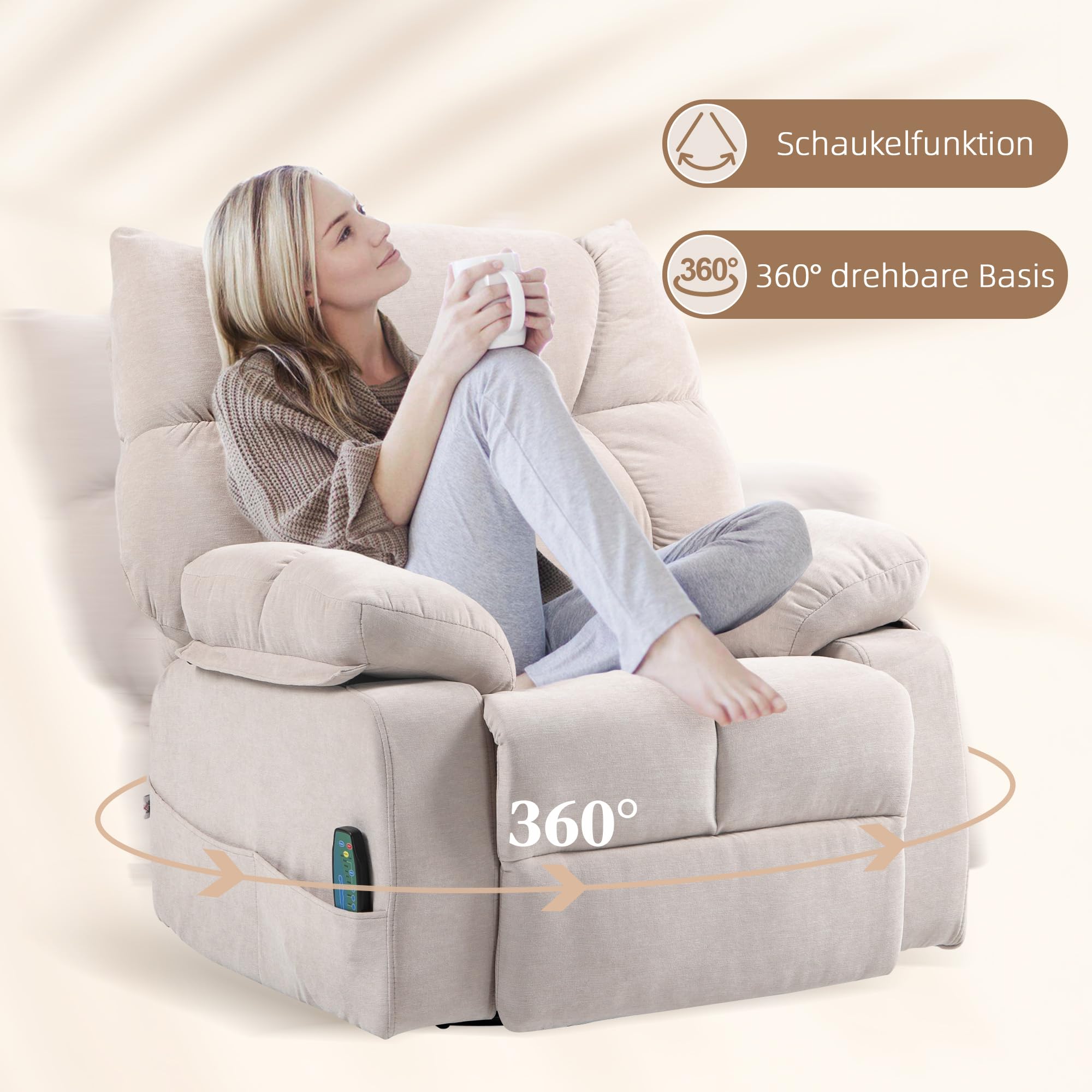 HOMCOM Relaxsessel mit Massagefunktion und 8 Vibrationspunkten, Beige | Fernsehsessel, Heizfunktion, Wippfunktion, Drehbarer Liegesessel, Fernbedienung, Seitentasche, Kunstleder