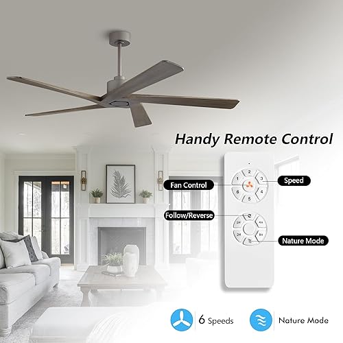 Miniatura 2 de WINGBO Ventilador de techo CC de 64 pulgadas sin luces, 5 cuchillas reversibles de madera maciza tallada, motor de CC silencioso de 6 velocidades,