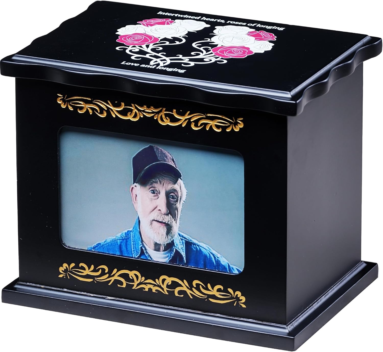 Red & White Rose Solid Wood Memorial Urn with Photo Frame Crafted Black & Gold Funeral Urn for Human Ashes & Large Pets, Fits Loved Ones Up to 260 lbs Body Weight